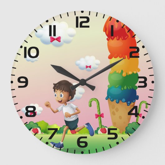 Fantasy Ice Cream Cone mit Happy Running Boy Große Wanduhr (Vorderseite)
