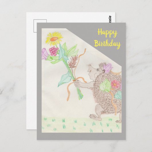 Fantasy Igel und Blume Bouquet Birthday Car Postkarte (Vorne/Hinten)
