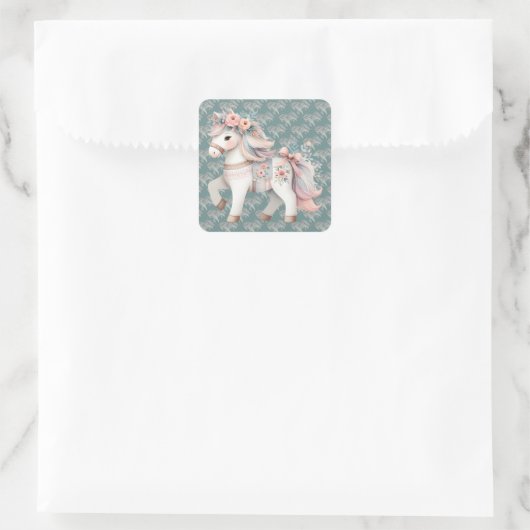 Fantasy Illustration von Floral Pastel Horse Quadratischer Aufkleber (Tasche)