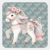Fantasy Illustration von Floral Pastel Horse Quadratischer Aufkleber (Vorderseite)