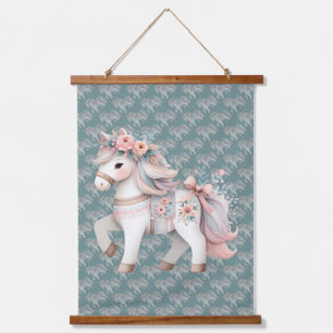 Fantasy Illustration von Floral Pastel Horse Wandteppich Mit Holzrahmen