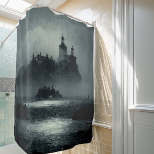 Fantasy Island Lighthouse Misty Foggy Dark Night Duschvorhang