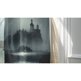 Fantasy Island Lighthouse Misty Foggy Dark Night Duschvorhang