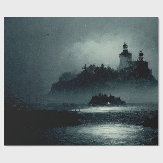 Fantasy Island Lighthouse Misty Foggy Dark Night Geschenkpapier (Flach)