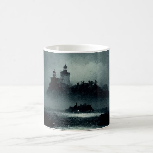 Fantasy Island Lighthouse Misty Foggy Dark Night Kaffeetasse (Mittel)