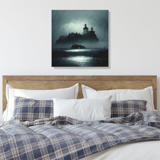 Fantasy Island Lighthouse Misty Foggy Dark Night Leinwanddruck (Insitu (Schlafzimmer))