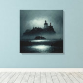 Fantasy Island Lighthouse Misty Foggy Dark Night Leinwanddruck (Insitu (Holzboden))