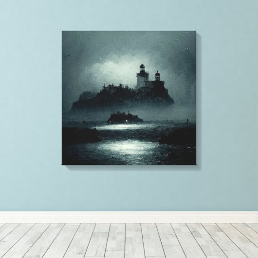 Fantasy Island Lighthouse Misty Foggy Dark Night Leinwanddruck (Insitu (Holzboden))