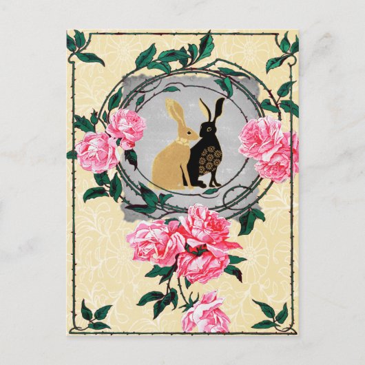 Fantasy Jackrabbit Hares Rose Romantische Collage Postkarte (Vorderseite)