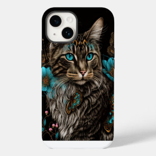 Fantasy-Katze mit Blumen und Schmetterlingen AI-Ku iPhone 14 Hülle