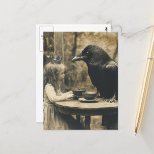 Fantasy Kind und Raben-Teeparty in Sepia Postkarte