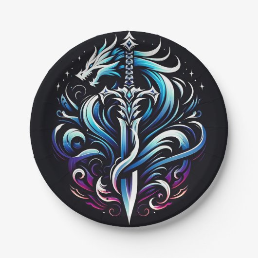 Fantasy Krieger Mystischer Drache Schwert Flamme Pappteller (Vorderseite)