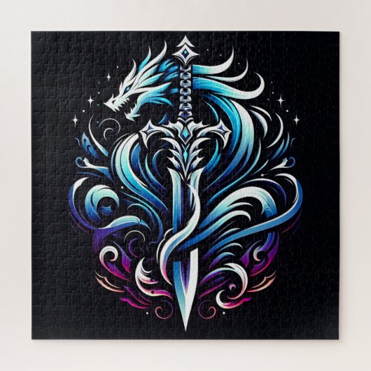 Fantasy-Krieger Mystischer Drache Schwert Flamme Puzzle (Vertikal)