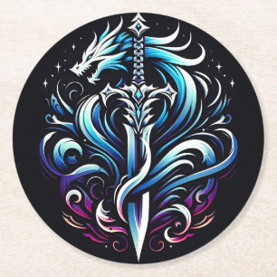 Fantasy-Krieger Mystischer Drache Schwert Flamme Runder Pappuntersetzer