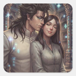 Fantasy-Kunstprint - Innige Umarmung in alten Ruin Quadratischer Aufkleber