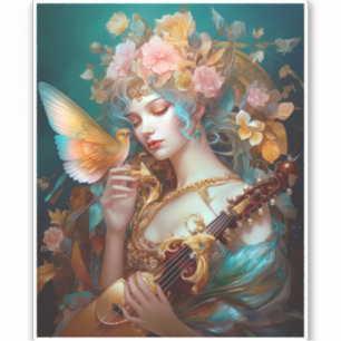 Fantasy Lady mit Lute & Butterfly Bird Aufkleber