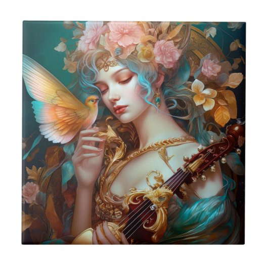 Fantasy Lady mit Lute & Butterfly Bird Fliese (Vorderseite)