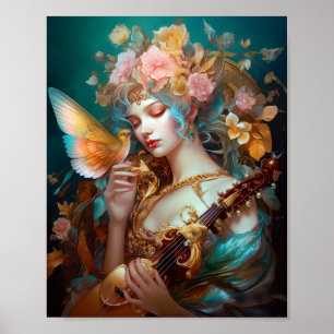 Fantasy Lady mit Lute & Butterfly Bird Poster