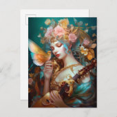 Fantasy Lady mit Lute & Butterfly Bird Postkarte (Vorne/Hinten)