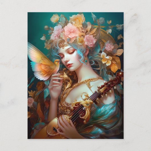 Fantasy Lady mit Lute & Butterfly Bird Postkarte (Vorderseite)