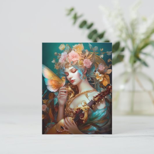 Fantasy Lady mit Lute & Butterfly Bird Postkarte (Stehend Vorderseite)