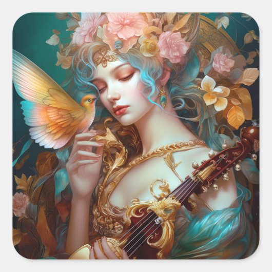Fantasy Lady mit Lute & Butterfly Bird Quadratischer Aufkleber (Vorderseite)