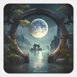 Fantasy Landscape Moon, Round Arch Square Stickers