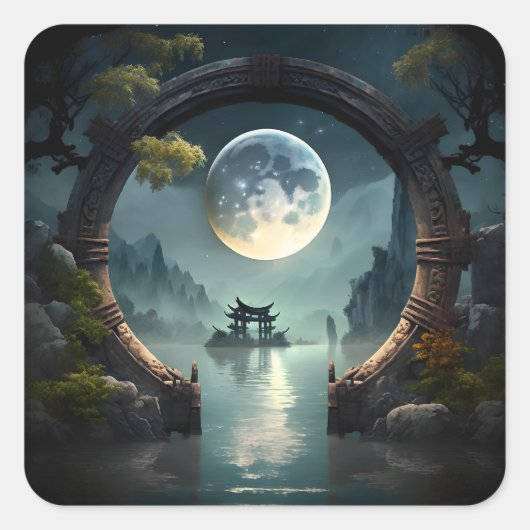 Fantasy Landscape Moon, Round Arch Square Stickers (Vorderseite)