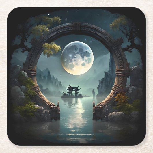 Fantasy Landscape Moon, Round Arch Square Unterset Rechteckiger Pappuntersetzer (Vorderseite)