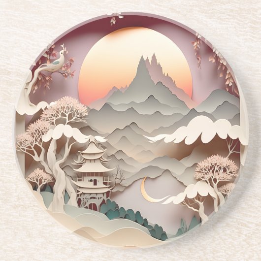 Fantasy Landscape PaperCut Round Sandstone Unterse Getränkeuntersetzer (Vorne)