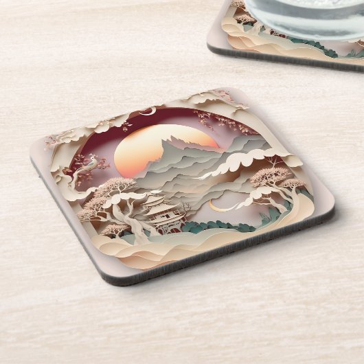 Fantasy Landscape Papier schneiden Hartkunststoff Getränkeuntersetzer (Linke Seite)