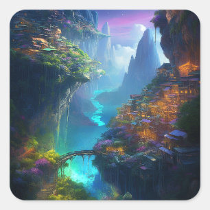 Fantasy Landschaft farbenfroh surreal Quadratischer Aufkleber