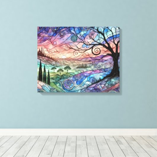 Fantasy Landschaft mit Bäumen und farbenfroher Son Leinwanddruck (Insitu (Holzboden))