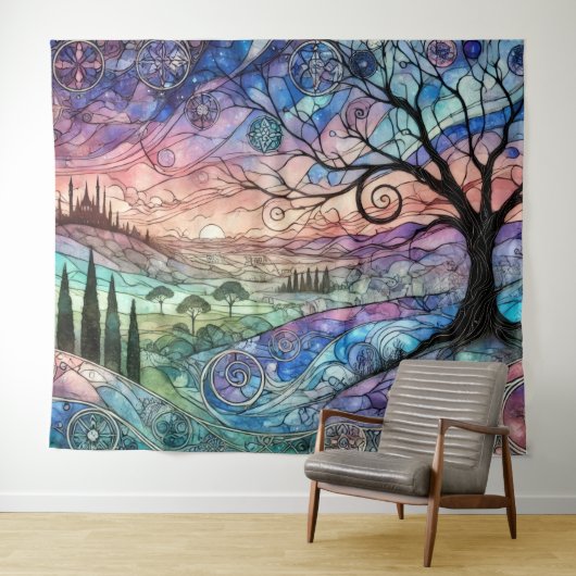 Fantasy Landschaft mit Bäumen und farbenfroher Son Wandteppich (Beispiel (Horizontal))
