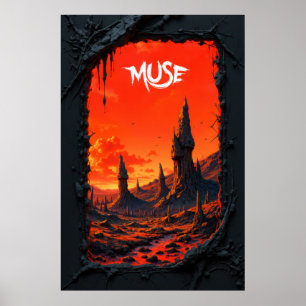 Fantasy-Landschaft mit feurigem Himmel und aufrage Poster