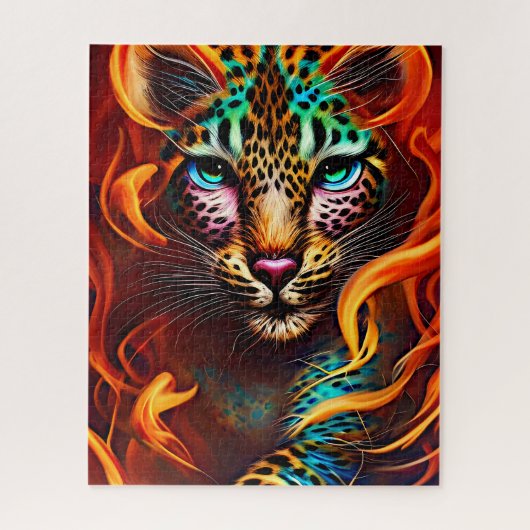 Fantasy Leopard Gesicht, Aqua Pink Orange Puzzle (Vertikal)