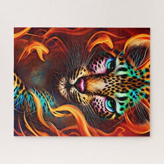 Fantasy Leopard Gesicht, Aqua Pink Orange Puzzle (Horizontal)