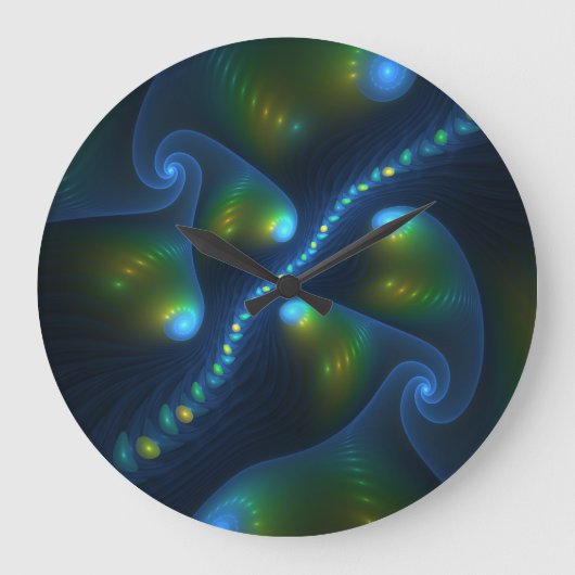 Fantasy Lights Abstract Blue Green Yellow Fractal Große Wanduhr (Vorderseite)