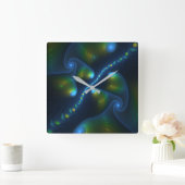 Fantasy Lights Abstrakt Blue Green Yellow Fraktal Quadratische Wanduhr (Zuhause)