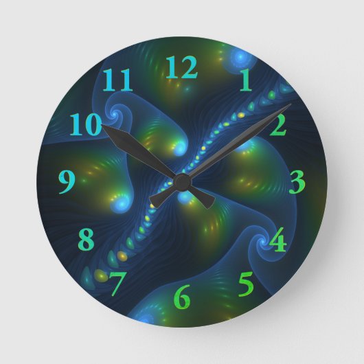 Fantasy Lights Abstrakt Blue Green Yellow Fraktal Runde Wanduhr (Vorderseite)