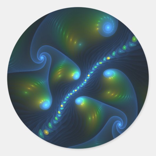 Fantasy Lights Abstrakt Blue Green Yellow Fraktal Runder Aufkleber (Vorderseite)