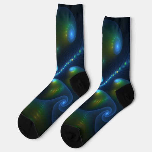 Fantasy Lights Abstrakt Blue Green Yellow Fraktal Socken (Linkes Detail)