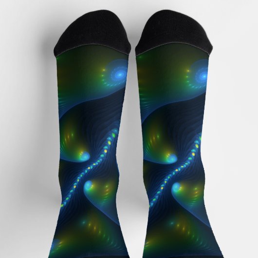 Fantasy Lights Abstrakt Blue Green Yellow Fraktal Socken (Oben)