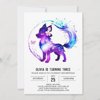 Fantasy Lila Wolf Digital Girl Geburtstag Einladung