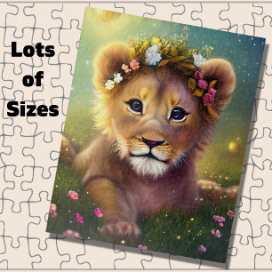 Fantasy Lion Cub auf Gras mit Blume Puzzle