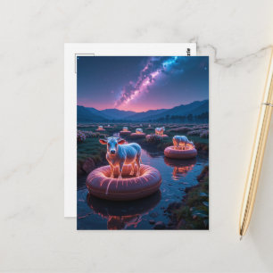 Fantasy Lustige Kühe auf einer Floßfahrt Postkarte