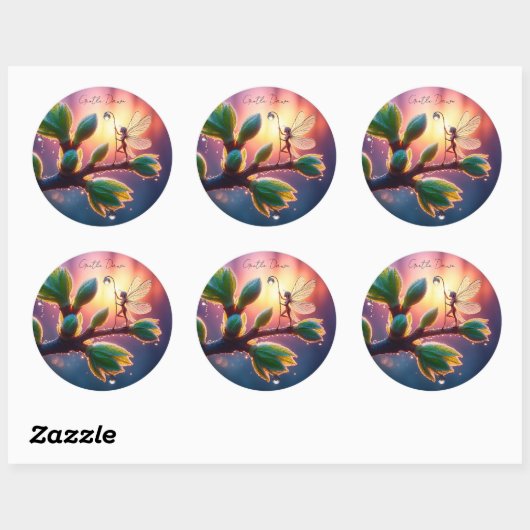 Fantasy macro photography of tiny forest sprite runder aufkleber (Blatt)