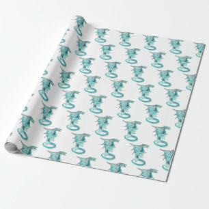 Fantasy-Meeresbestie-Drache-blauer Hintergrund-Mon Geschenkpapier