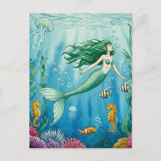 Fantasy Mermaid Ocean Seepferd Jellyfish Postkarte (Vorderseite)