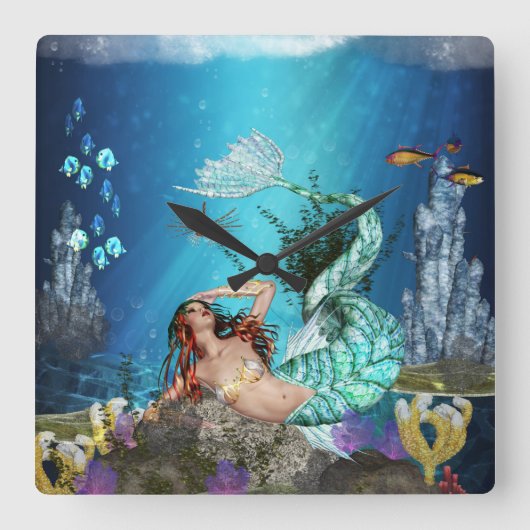 Fantasy Mermaid und Fish Square Wall Uhr (Vorderseite)